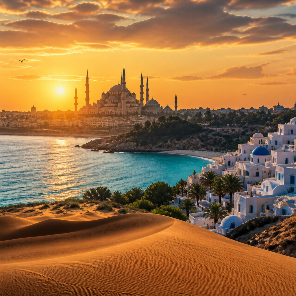 Iconic world destinations at sunset